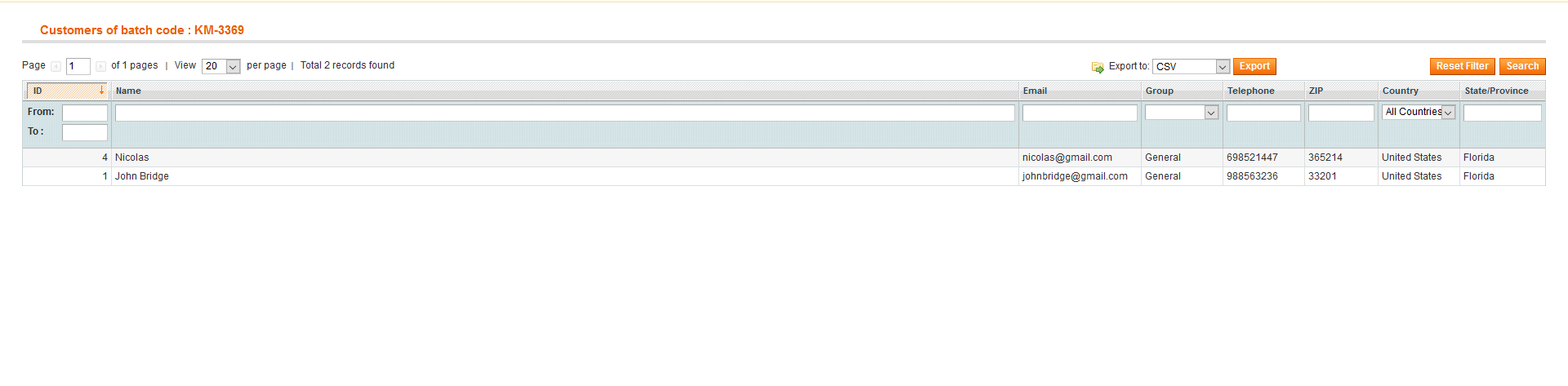 Customers Batchcode Magento Admin